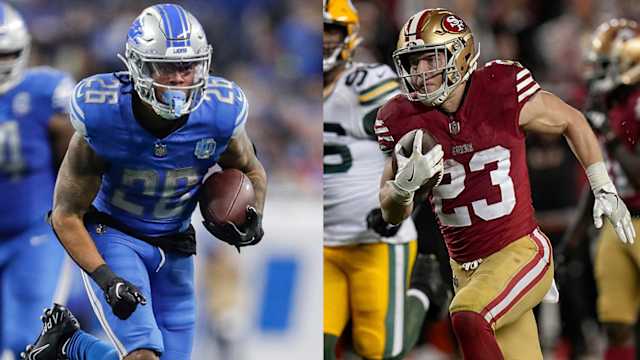 Lions running back Jahmyr Gibbs and 49ers running back Chistian McCaffrey